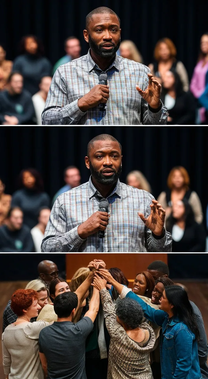 The man shares his story of resilience with others, through a public speech, passing on the lessons learned, inspiring others to believe in themselves.  The final shot shows a group of people, united in their shared journey of resilience and empowerment.