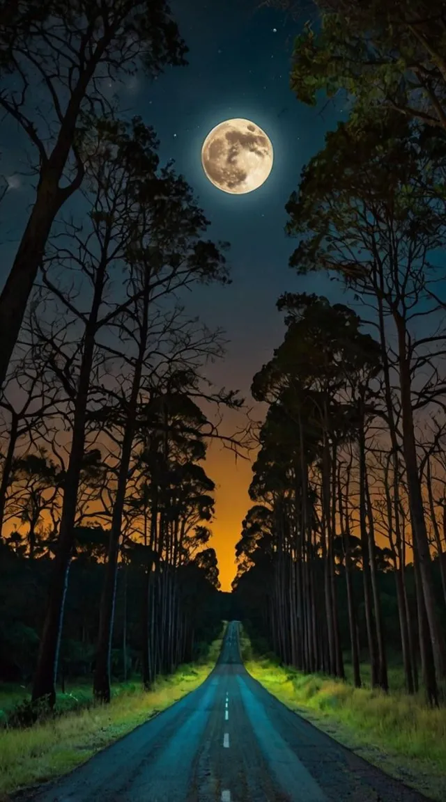 a full moon rising over a road in the woods