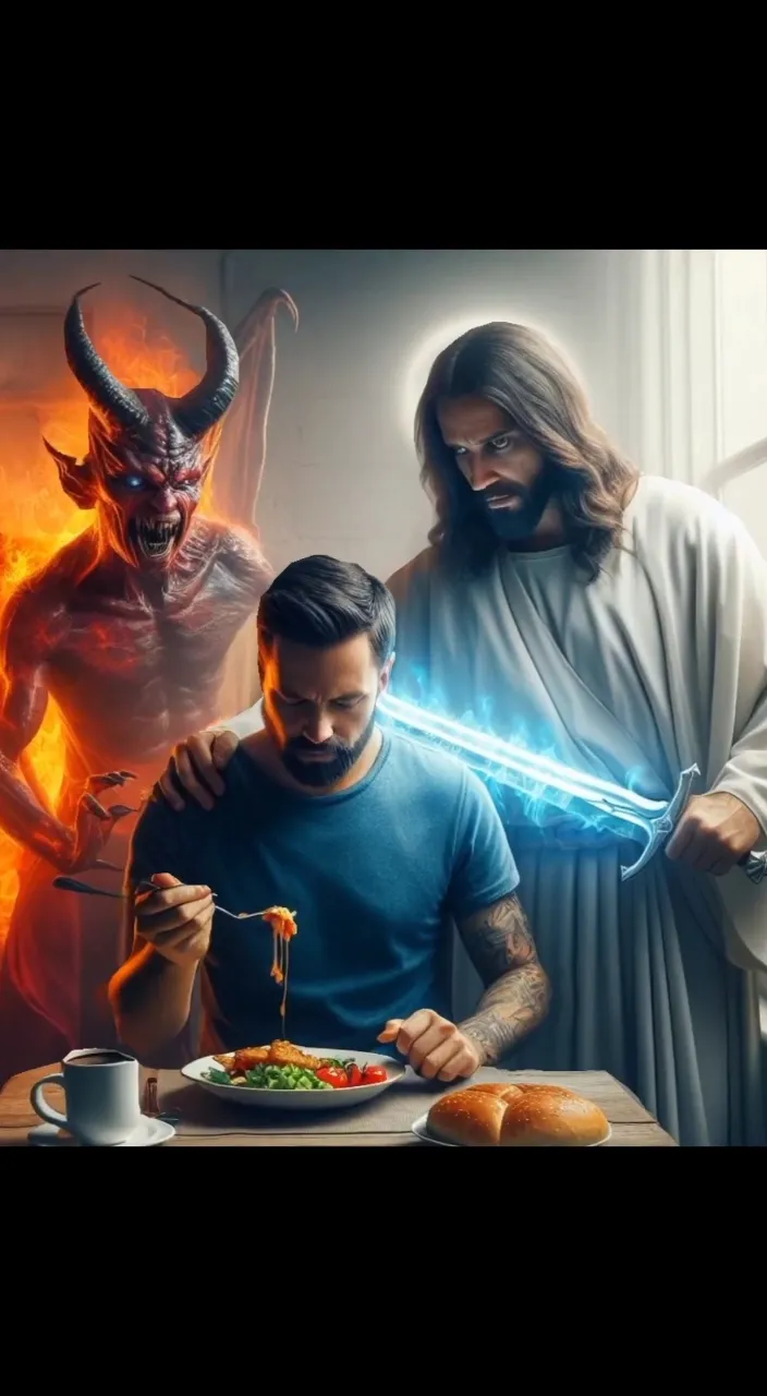 a man eating a plate of food next to a demon