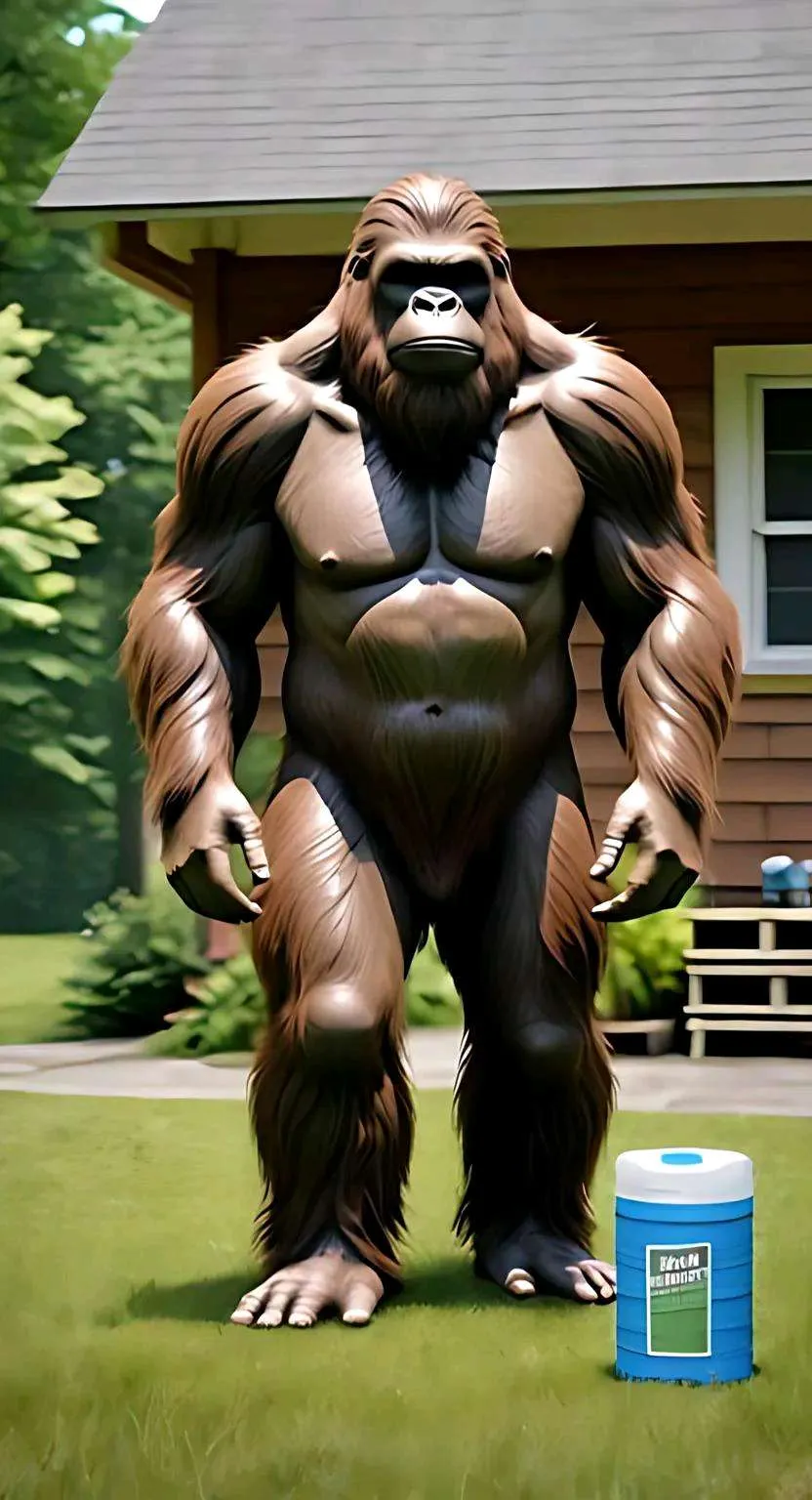 Bigfoot standing in the yard with a roll of toilet paper, camera zooming in slowly on his face, advertising style