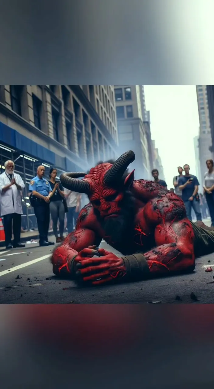 a red demon laying on the ground in the middle of a street