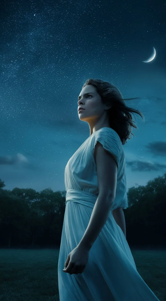 a woman in a white dress looking up at the sky