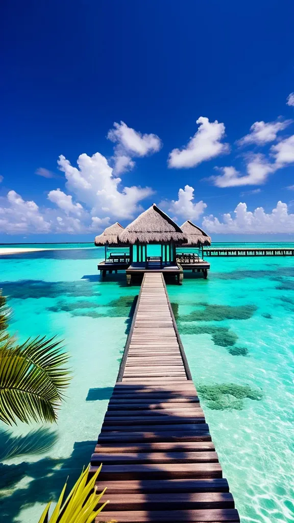 a dock leading to a hut on a tropical island