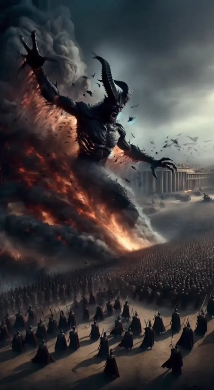 a large group of people standing in front of a giant demon