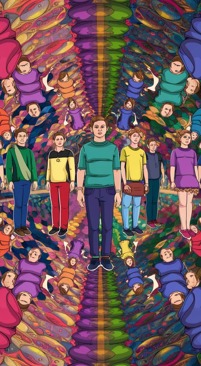 a group of people standing in front of a colorful background