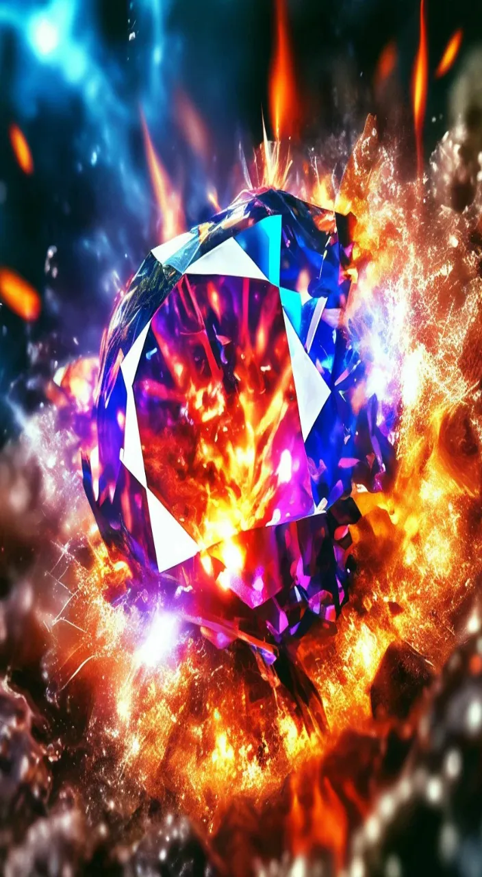 a colorful diamond surrounded by fire and smoke