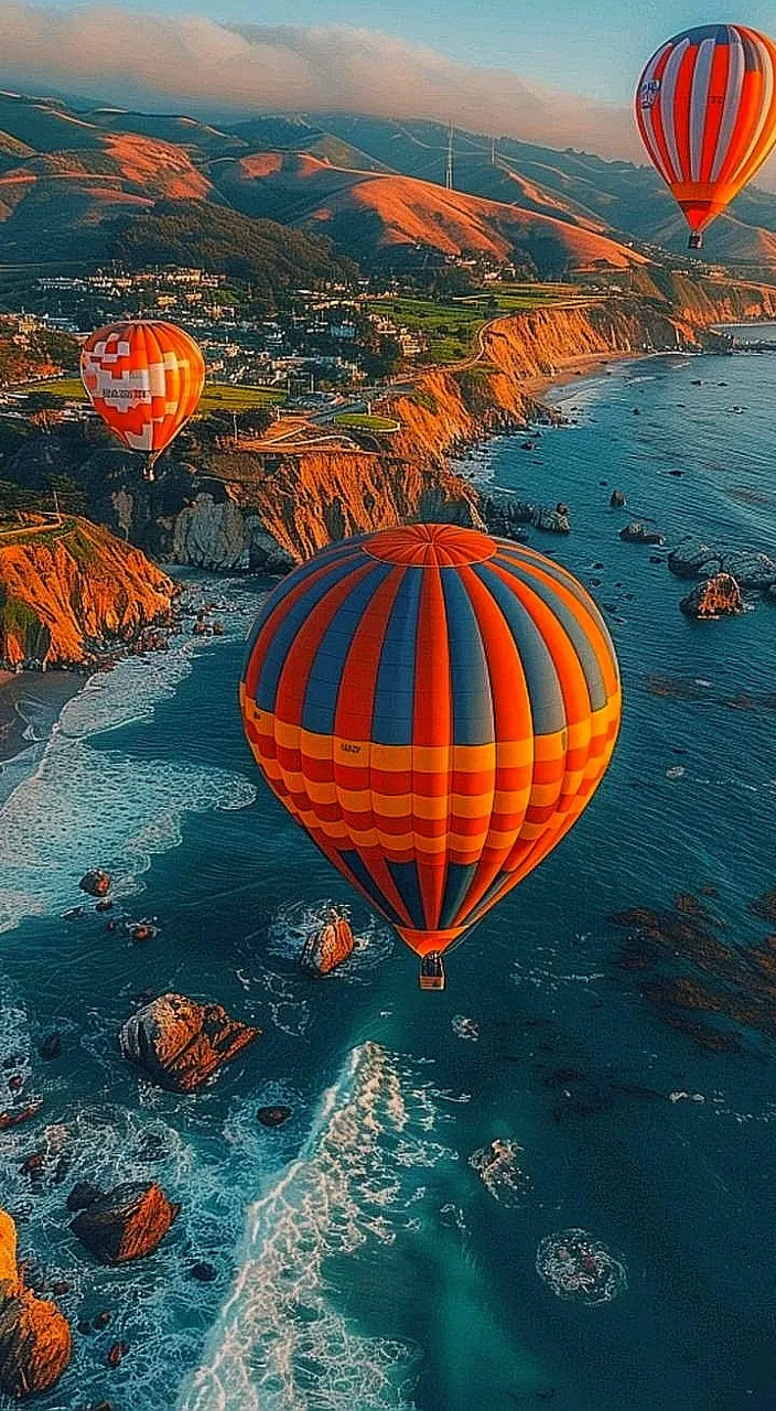 a group of hot air balloons flying over the ocean