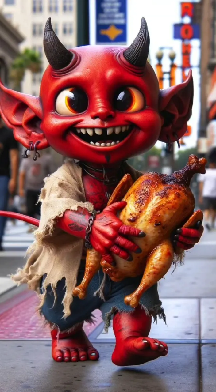 a statue of a devil holding a chicken