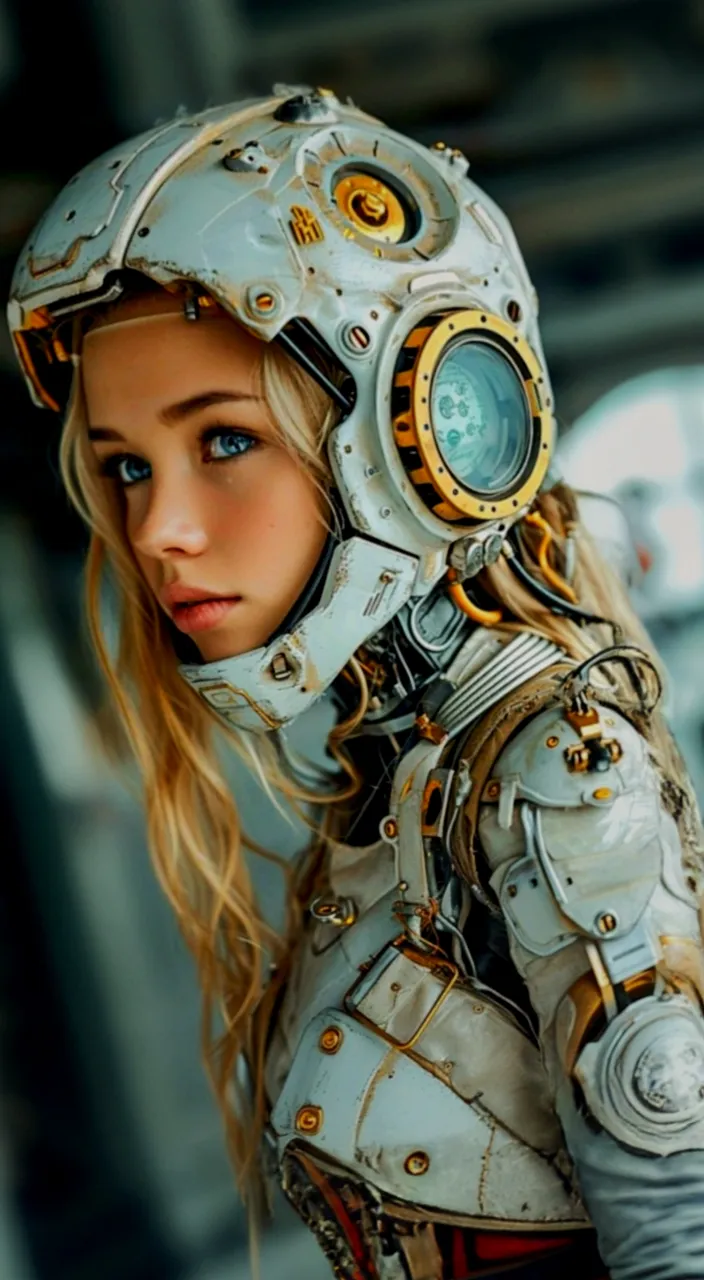 A woman wearing a high-tech space suit, helmet visor pulled back, looking out into the starry abyss of space