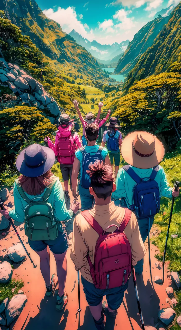 a group of people walking down a trail