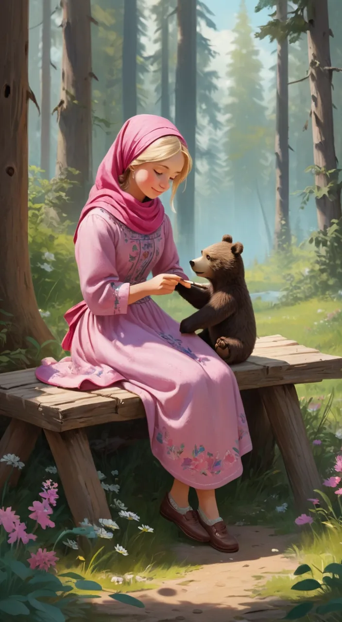 a painting of a woman sitting on a bench with a bear