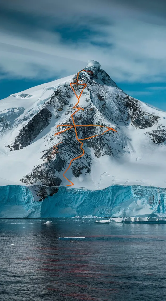 a mountain covered in snow and orange lines