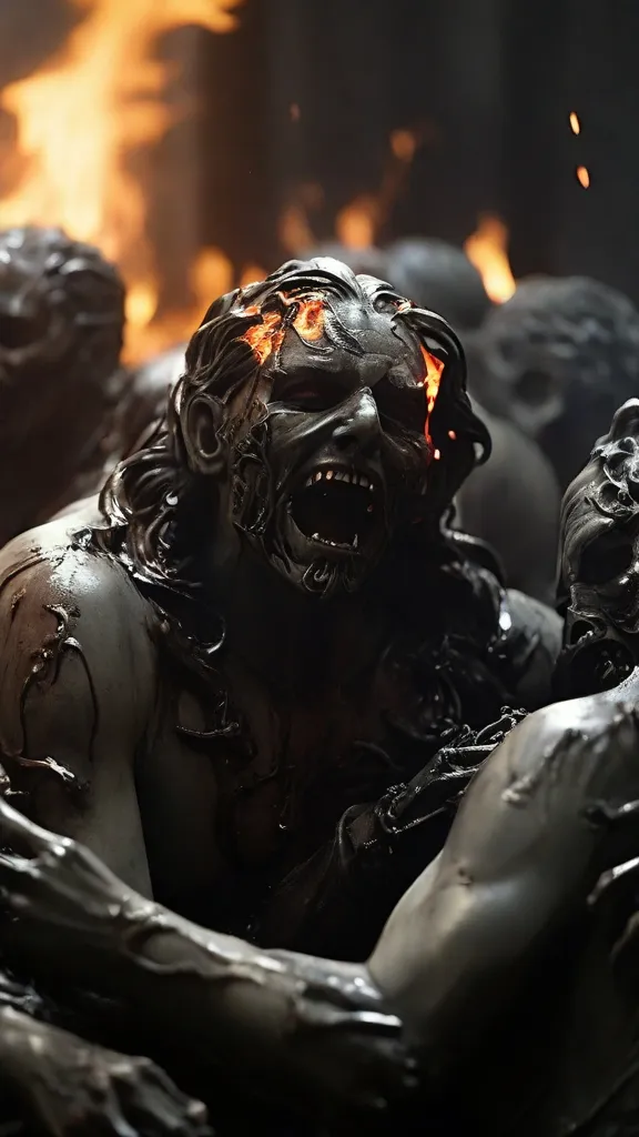 a statue of a demon surrounded by flames