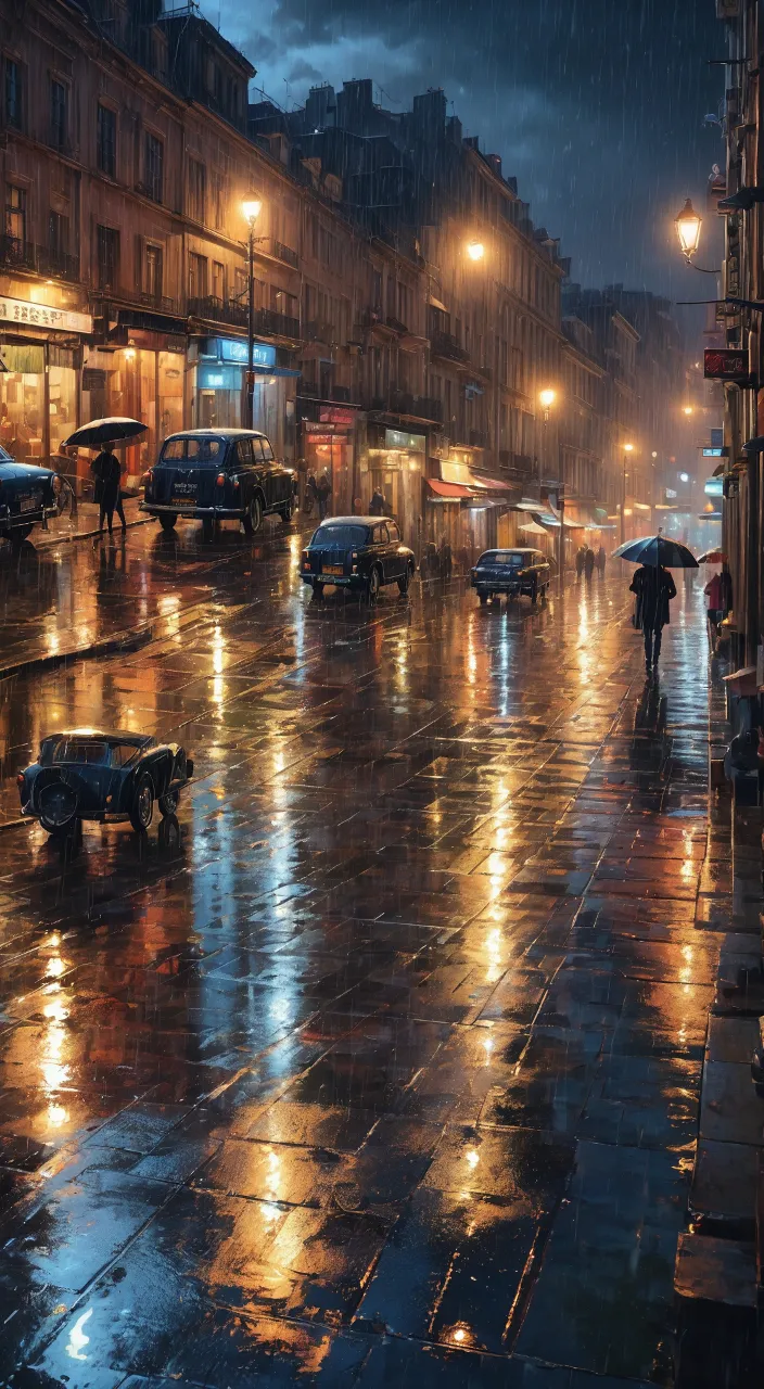 a city street at night with cars and people with umbrellas