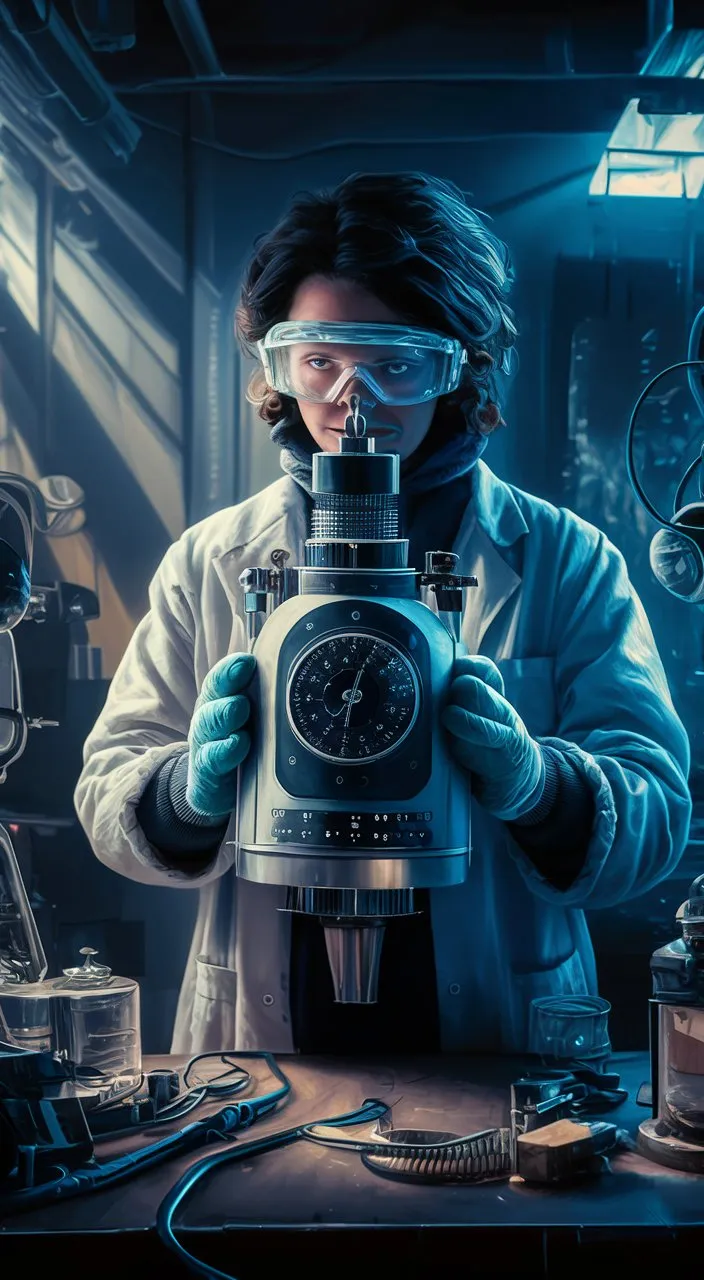 a woman in a lab coat holding a clock