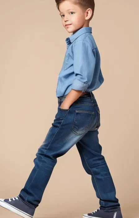 a young boy in a blue shirt and jeans walking