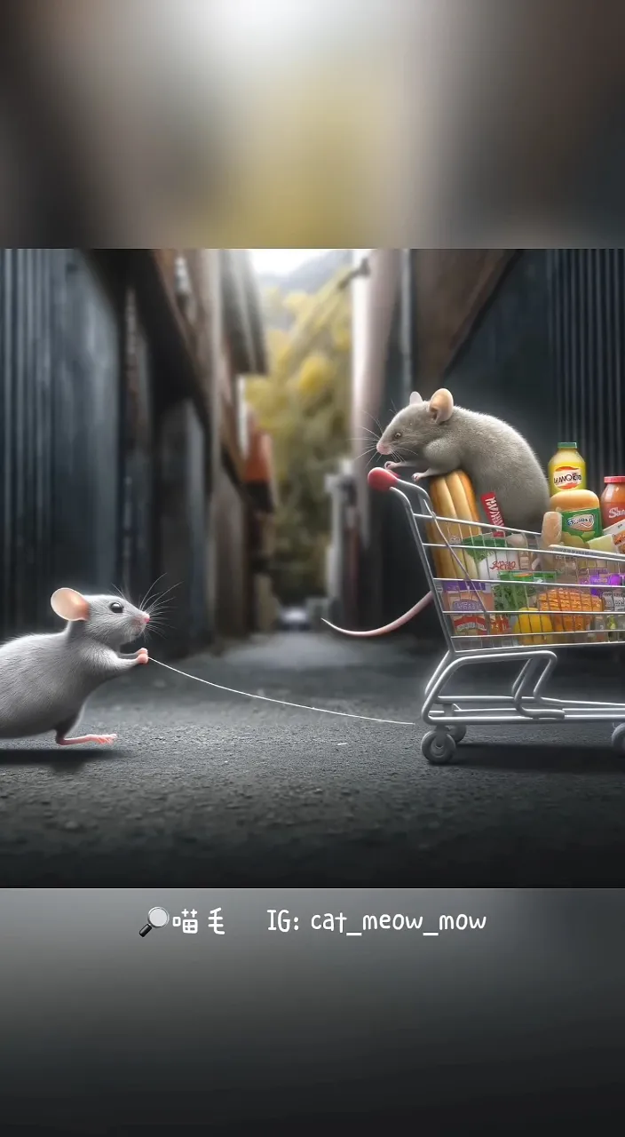 a mouse pulling a shopping cart full of food