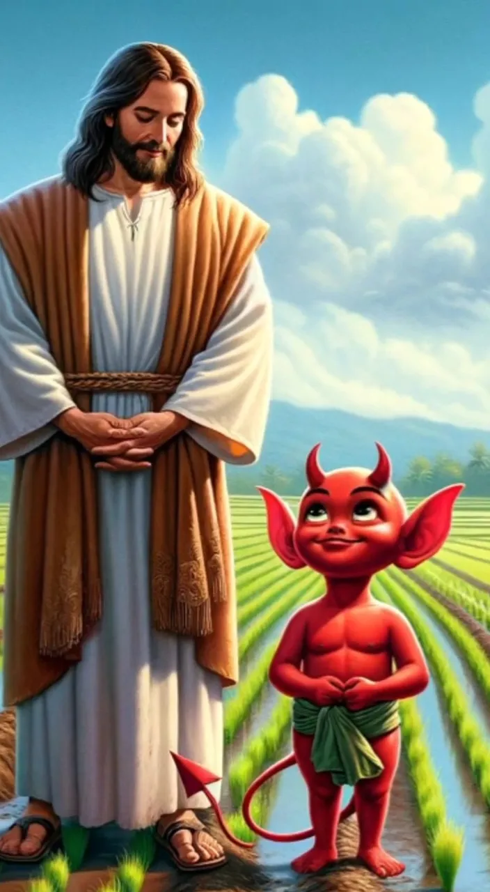 a painting of jesus standing next to a devil