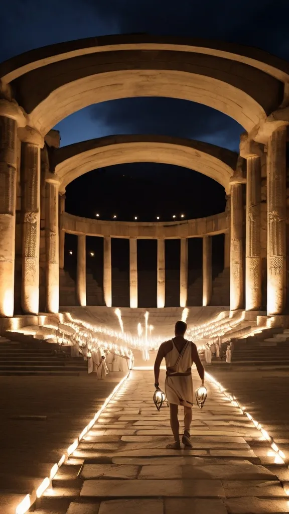 a man walking down a walkway in front of a building