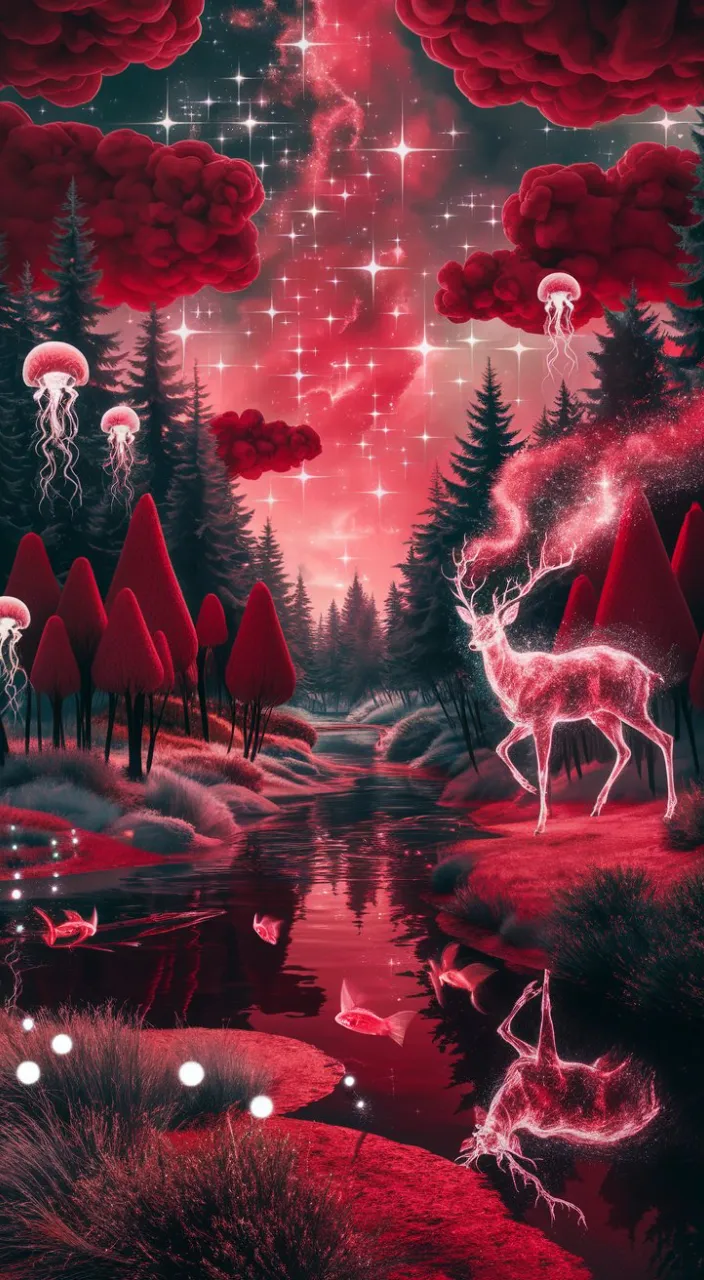 a painting of a deer in a red forest