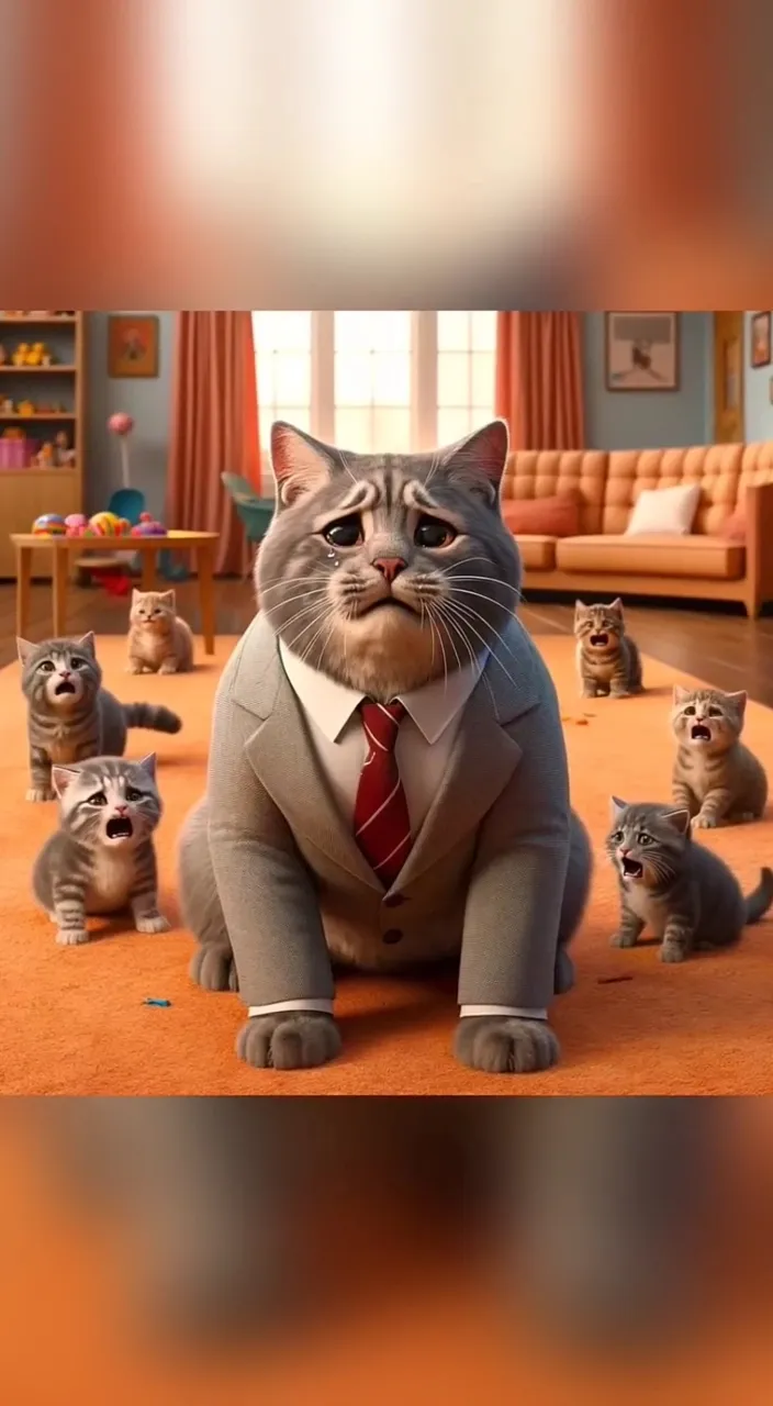 a cat in a suit and tie surrounded by kittens