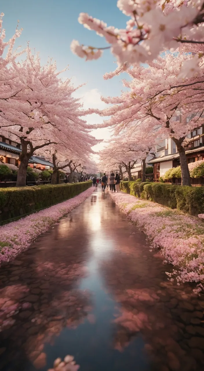 a group of people walking down a street under cherry blossom trees