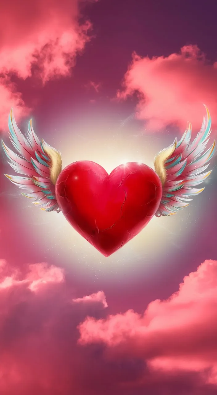 a heart with angel wings floating in the sky