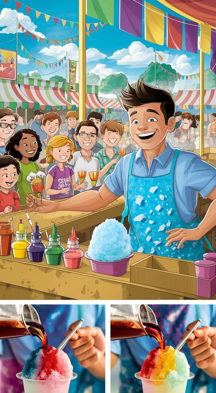 a cartoon of a man serving ice cream at a carnival