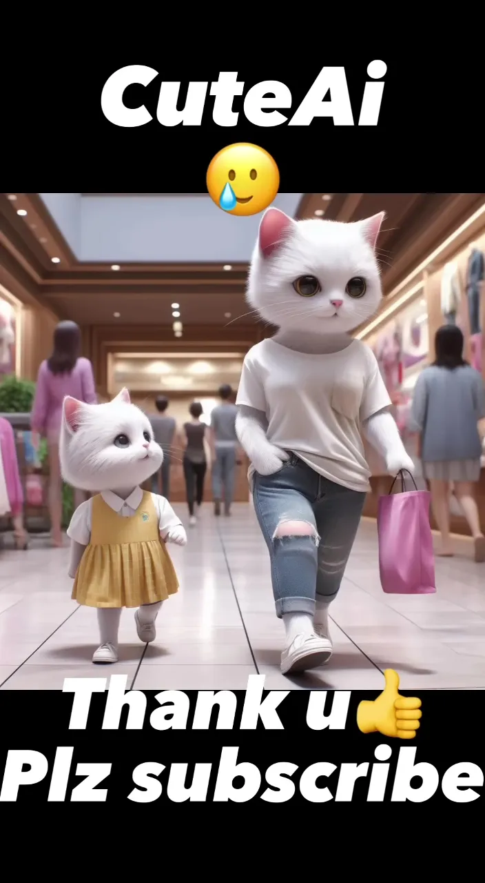 a white cat and a white cat walking in a mall