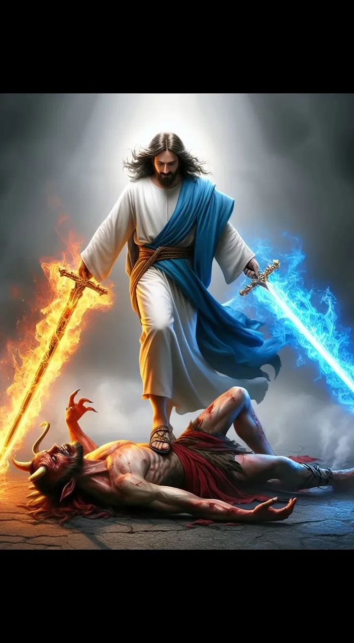 a painting of jesus on the ground with a sword