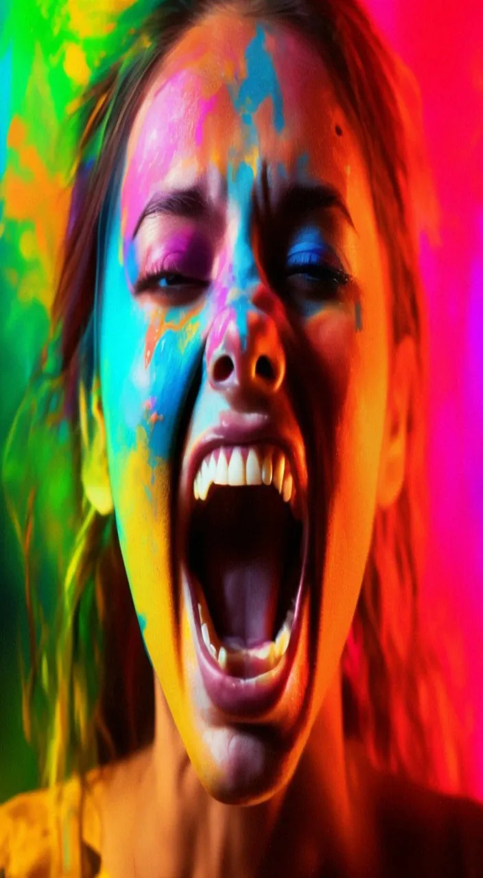 a woman with her mouth open with colored paint all over her face, неизменно как на изначальной картинке