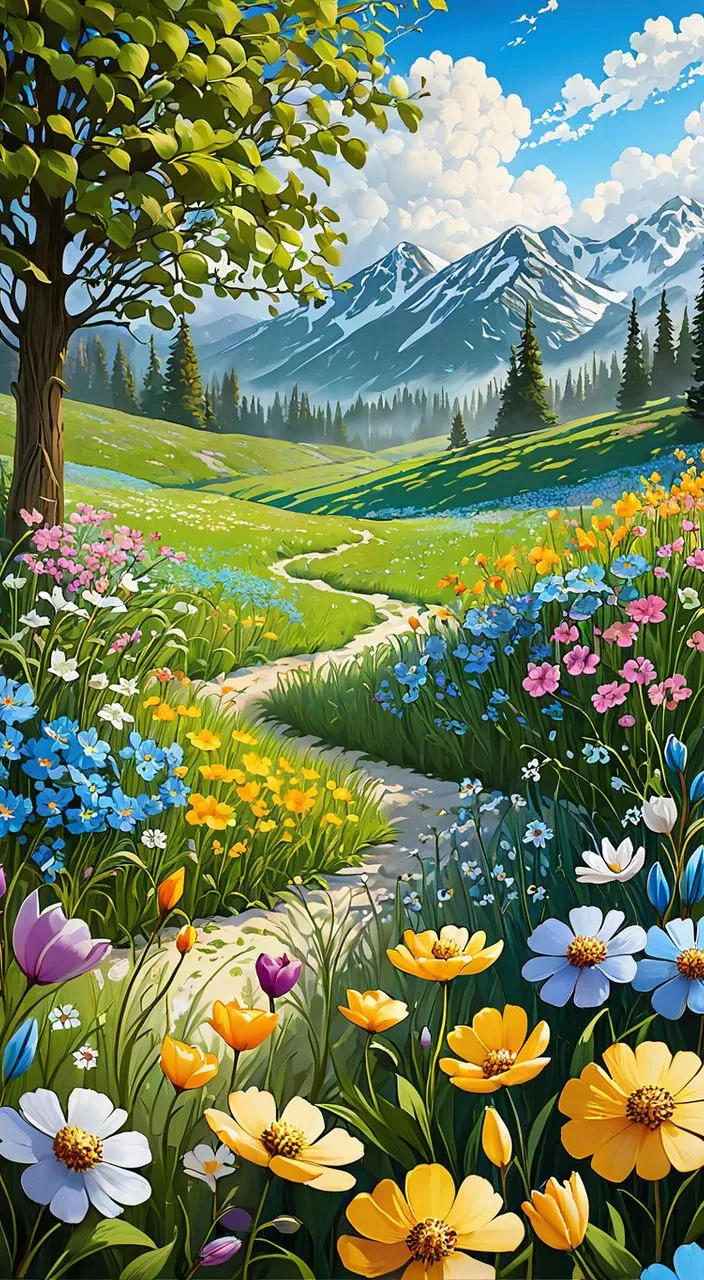 a painting of a field of flowers with a mountain in the background