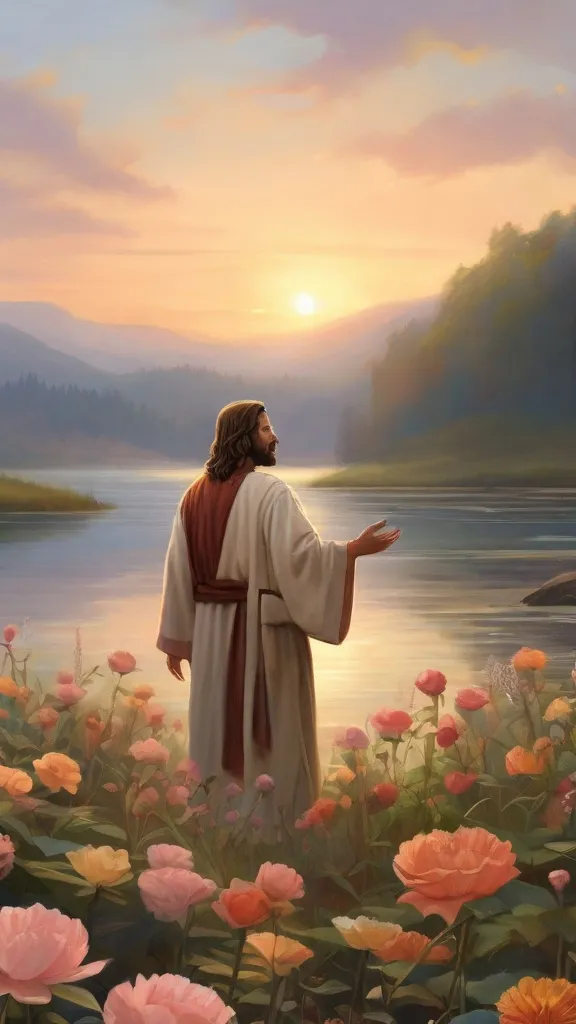 a painting of jesus in a field of flowers