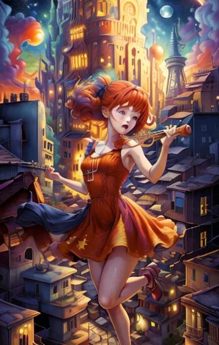 a painting of a woman in a red dress flying over a city