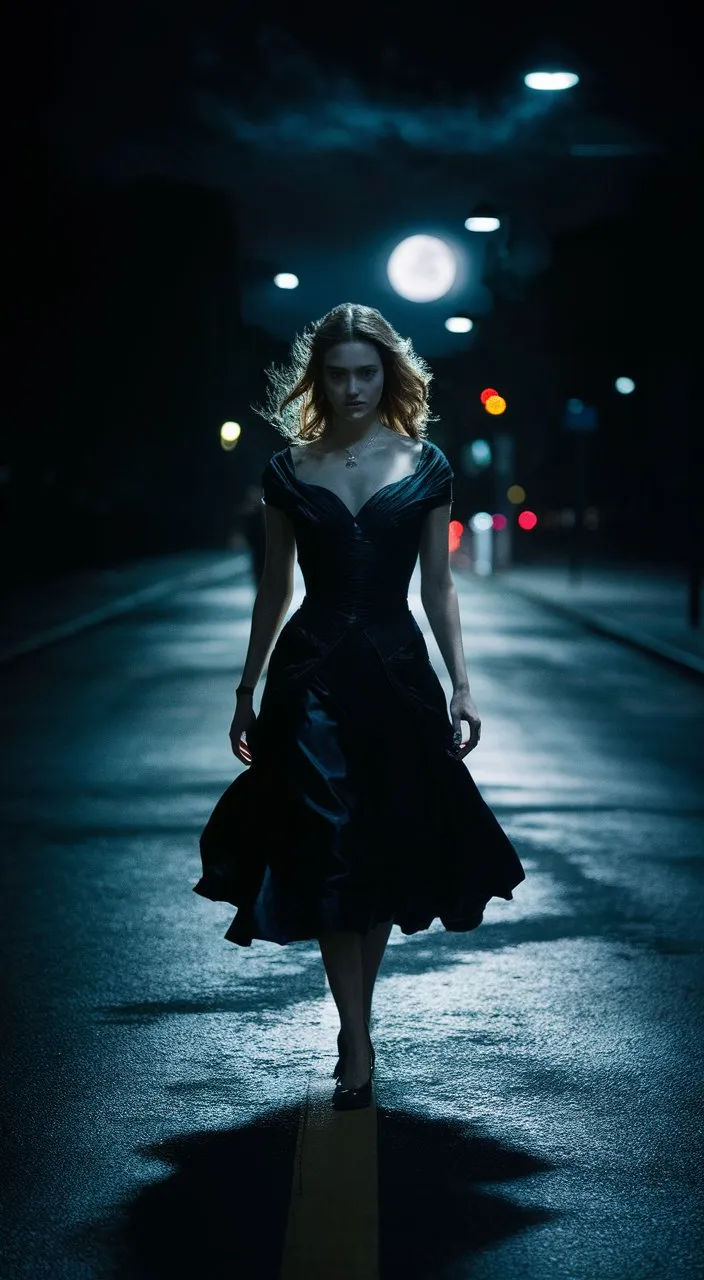 A woman walks alone along a dark and deserted street, while the moonlight creates suggestive shadows around her.  Her expression is intense and concentrated,