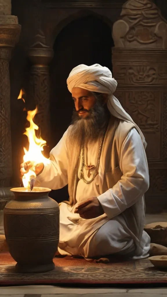 a man with a long beard sitting in front of a pot