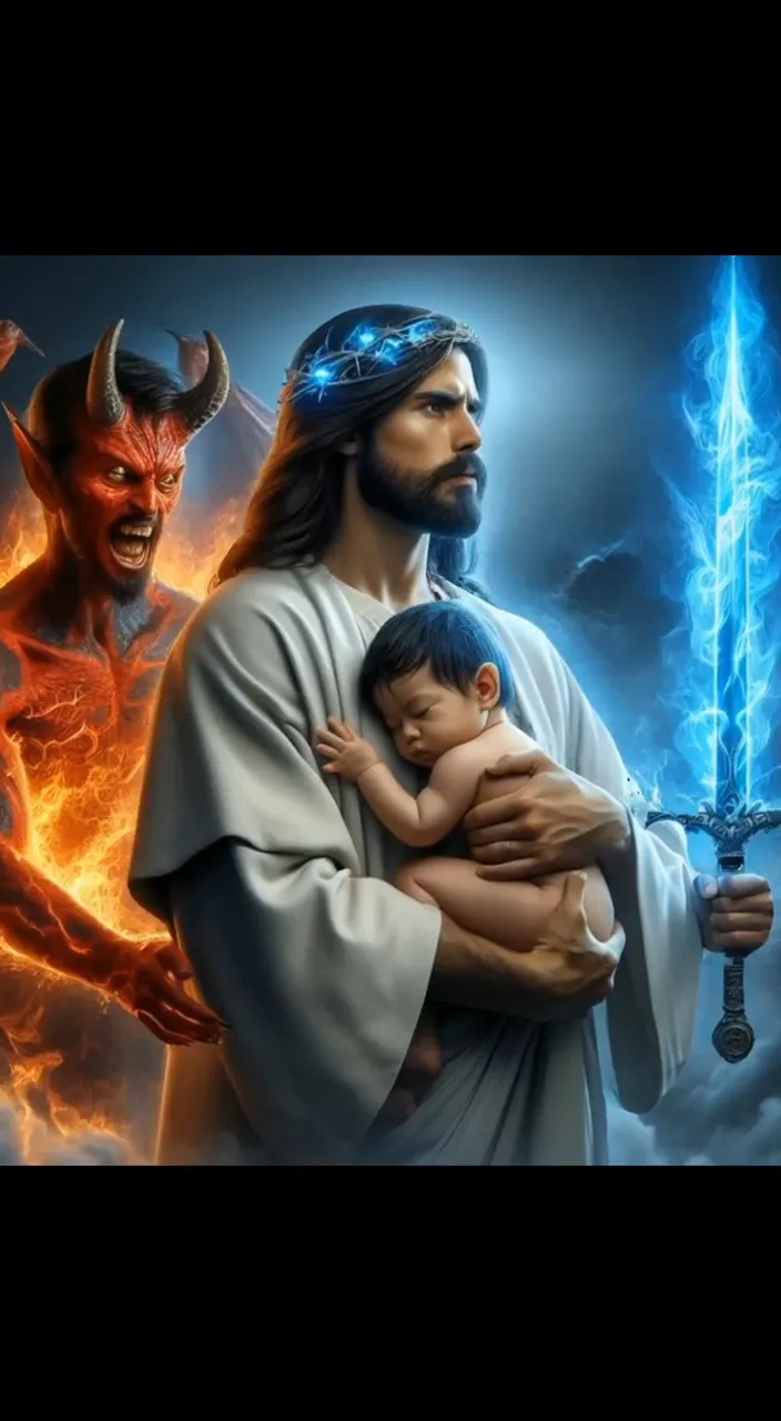 a painting of jesus holding a baby in his arms