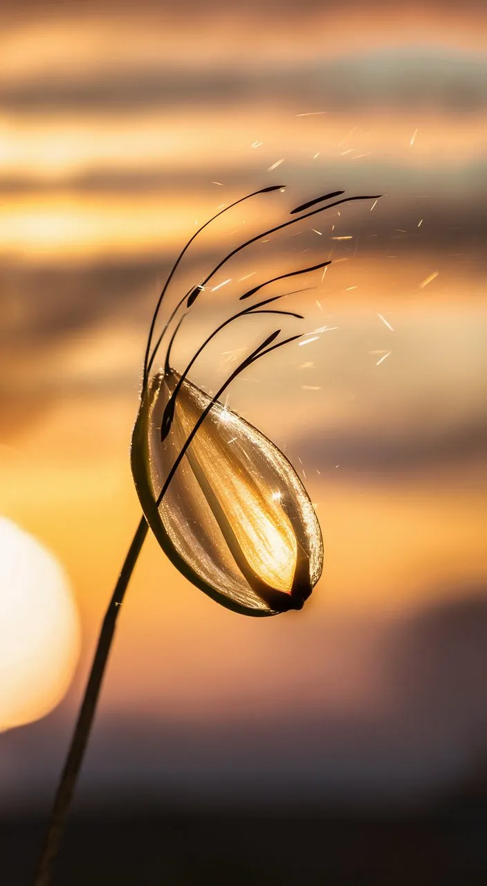 A single seed, carried by a gentle breeze, floats gracefully through the air, its journey captured in slow motion against the backdrop of the rising sun.