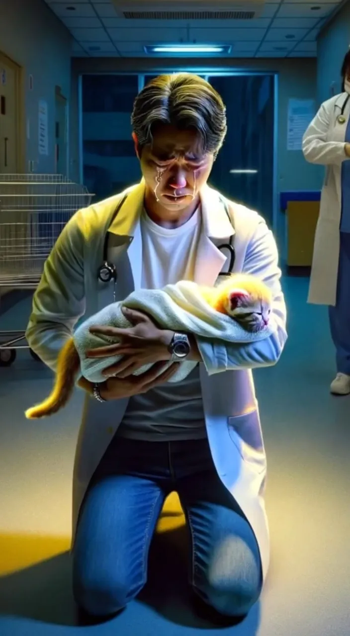 a man in a lab coat holding a cat