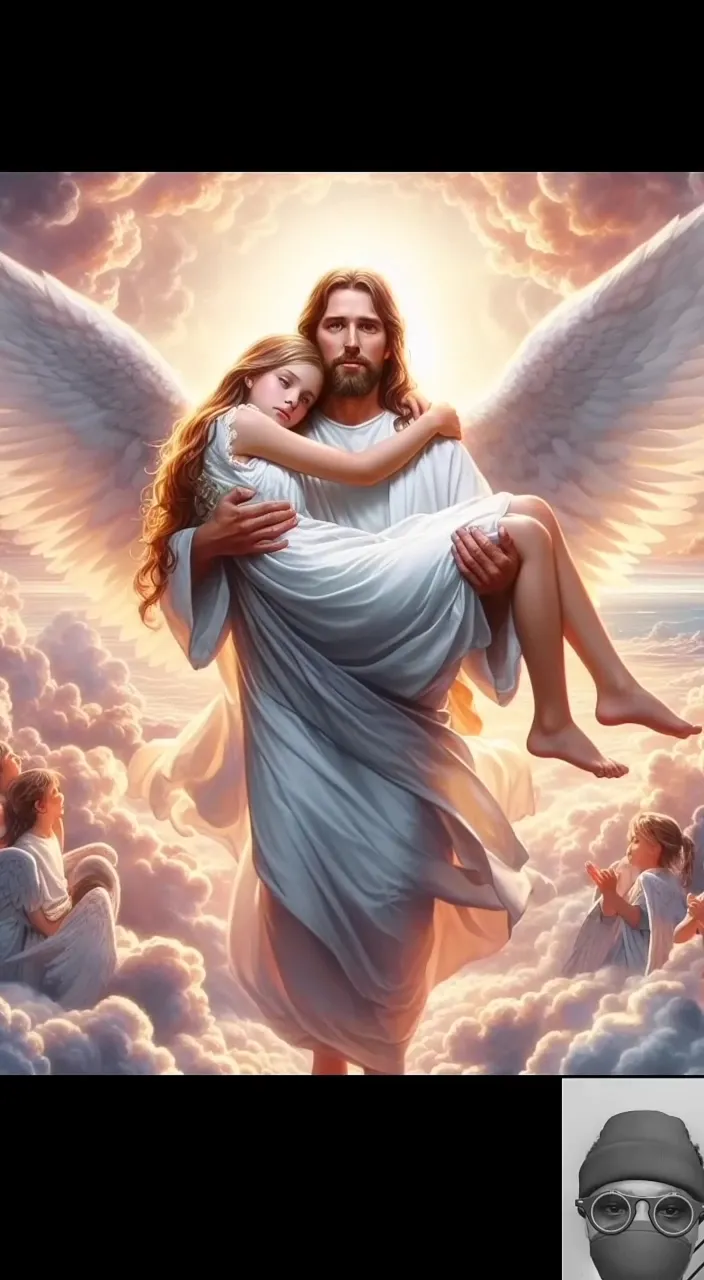 a painting of jesus carrying a child in the clouds