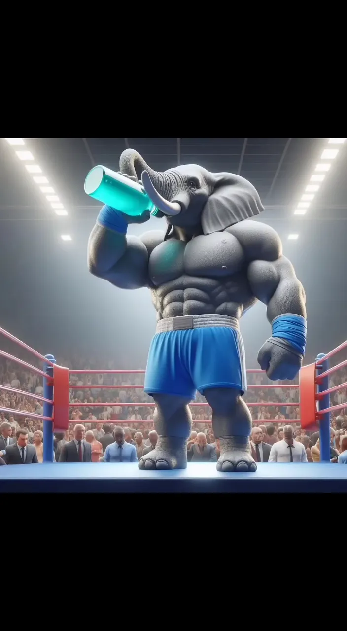 an elephant in a boxing ring with a blue ring around his neck