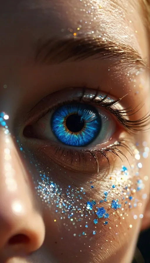 a close up of a child's blue eye with glitter on it