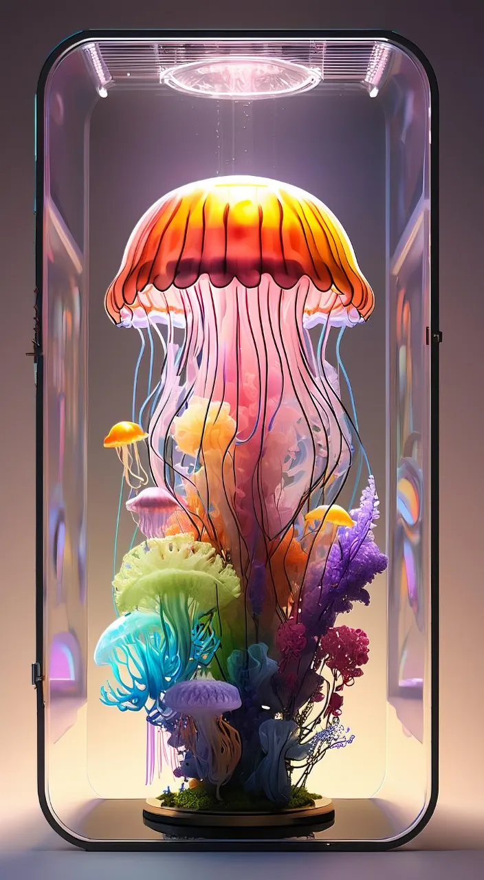 a colorful display of jellyfish in a glass case