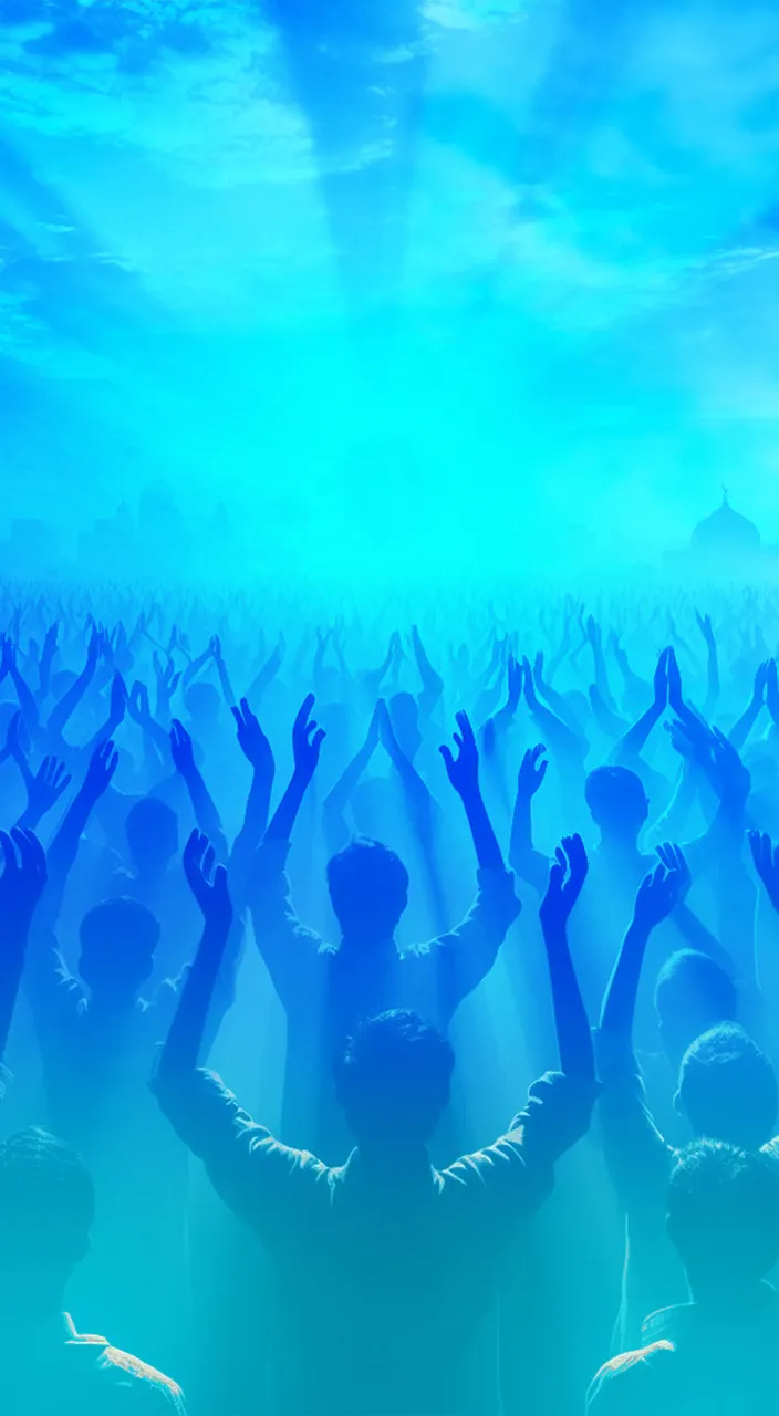 a crowd of people standing under a blue sky Move the hands of the people like clapping in air 