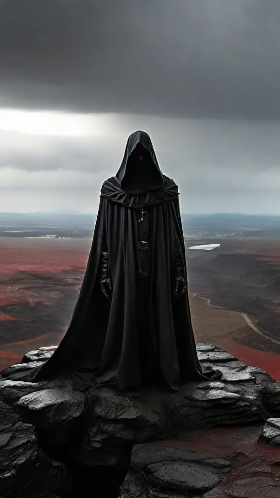 a person in a black cloak standing on a rock