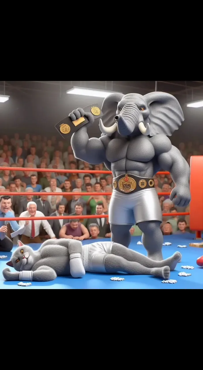 an elephant wrestling a man in a boxing ring