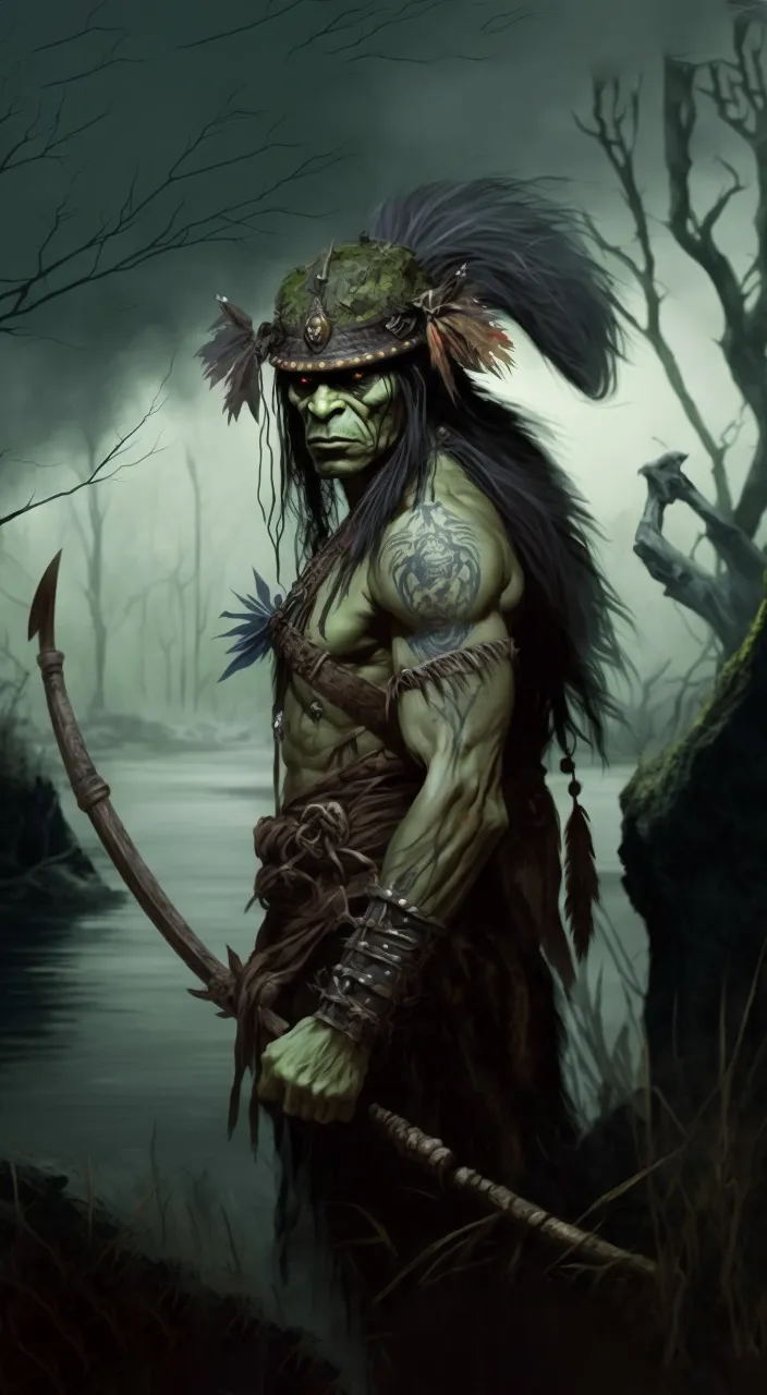 Orc trapper lurks in the shadows of the marshland with a bow ready to fire, illuminated only by the faint moonlight.