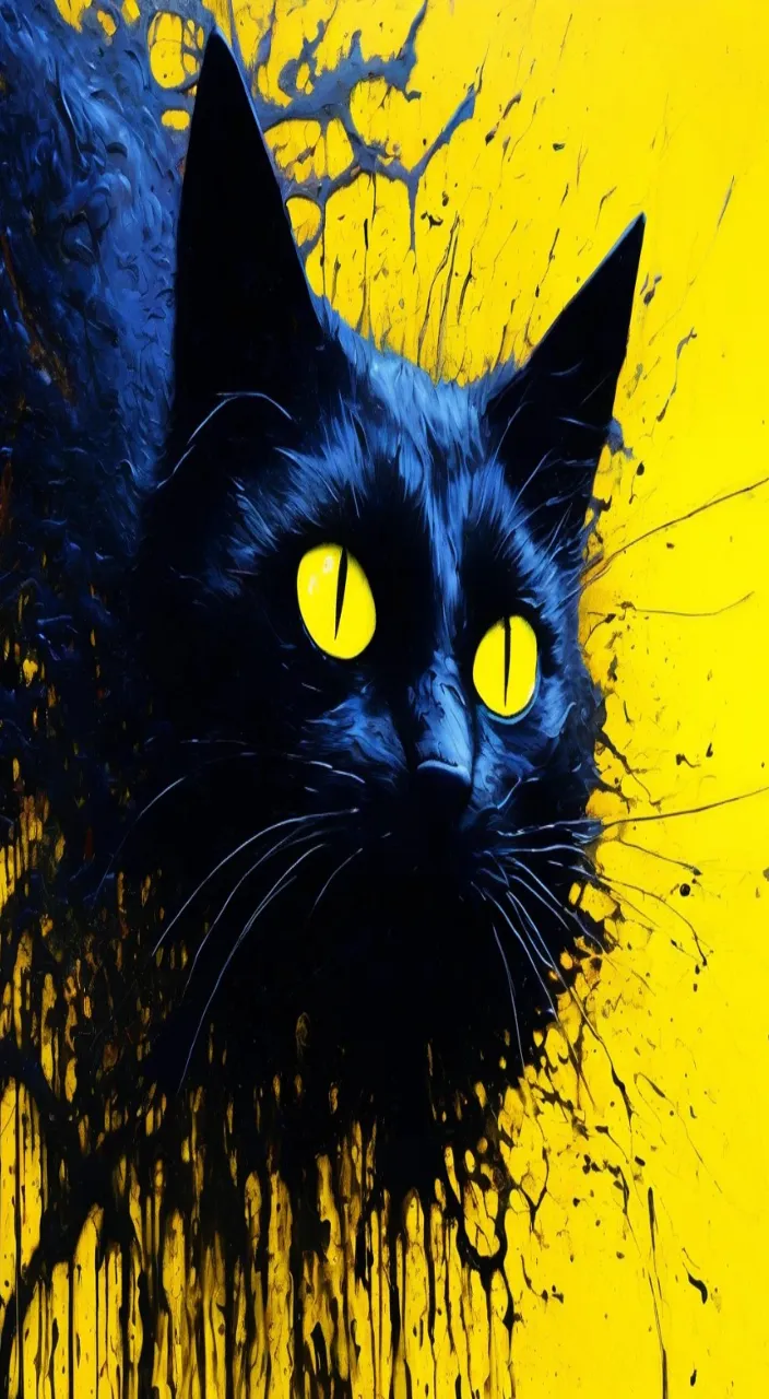 a painting of a black cat with yellow eyes