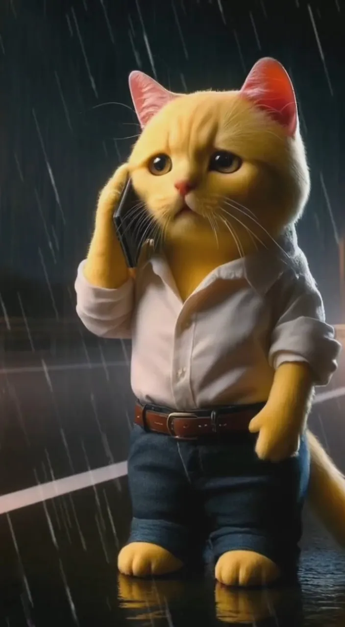 a cat is talking on a cell phone in the rain