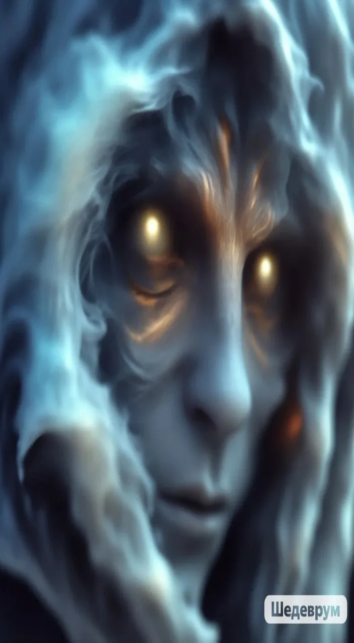 a close up of a face with glowing eyes